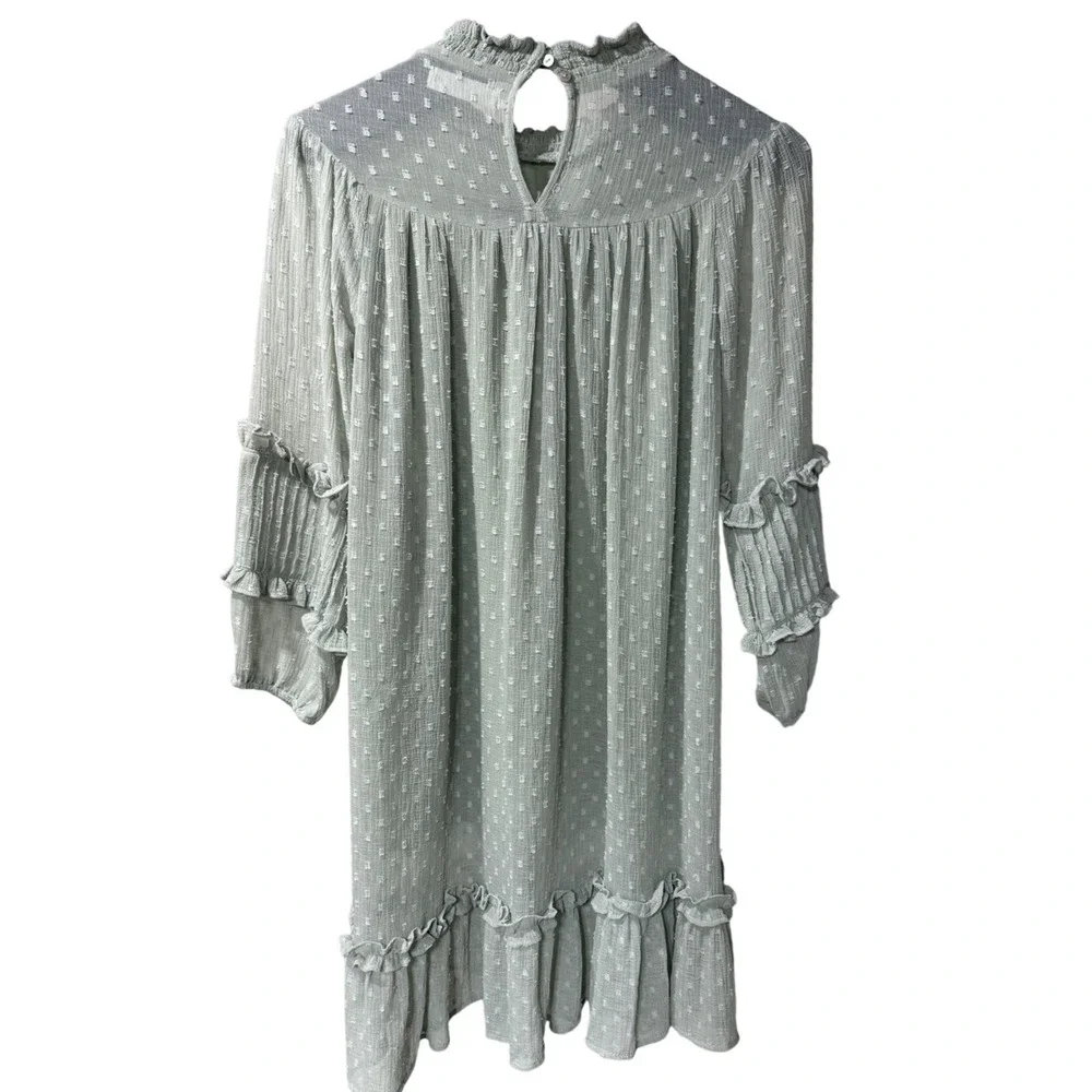 Zara Girls Size 10 Sage Green Swiss Dot Ruffle Long Sleeve Boho Shift Mini Dress